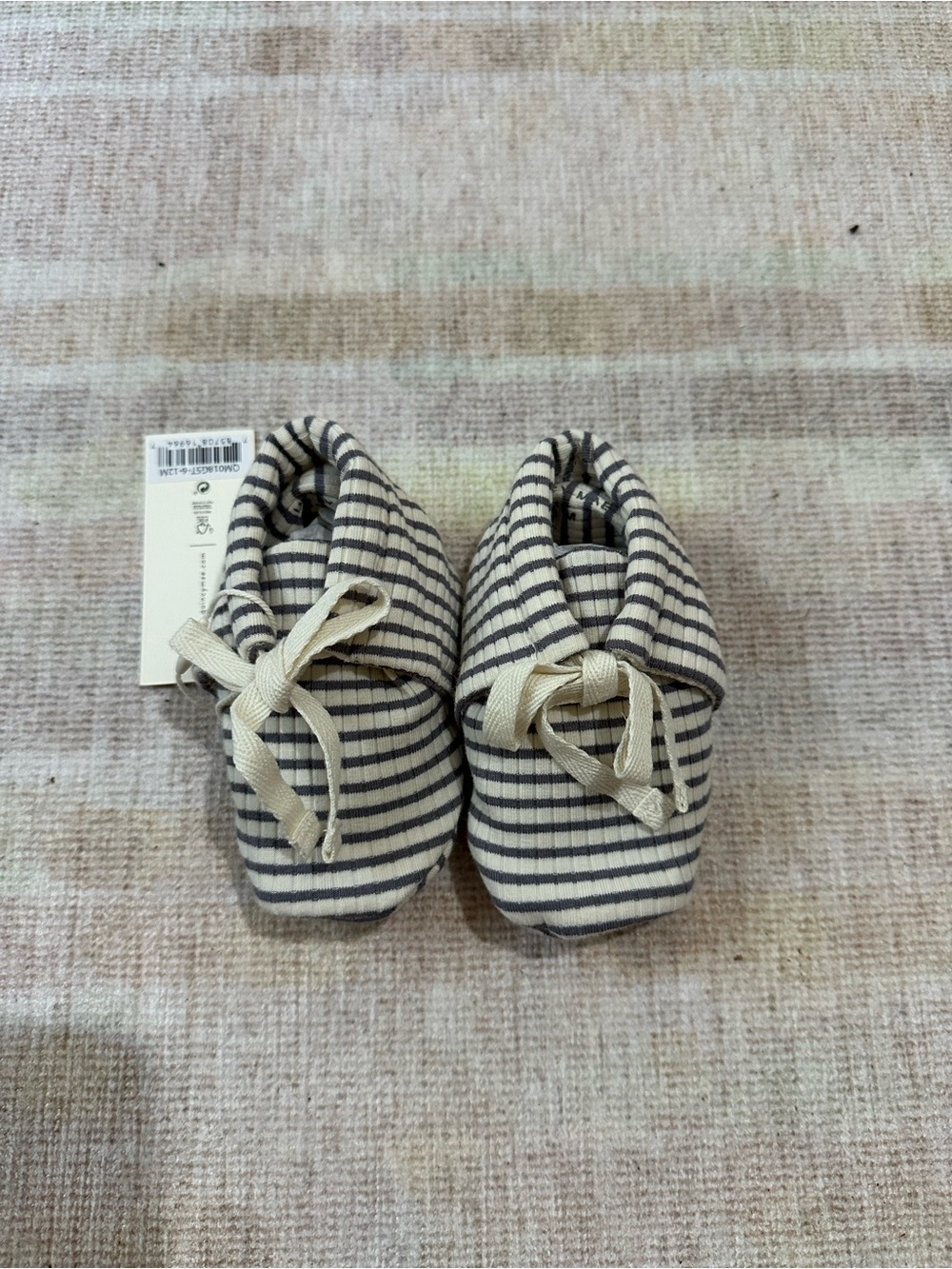 Striped Cotton Baby Booties - Grey & Cream